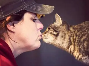 A woman kissing a cat on the nose.