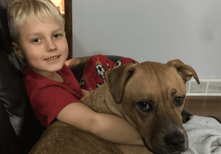 A boy is sitting in a chair with a dog.