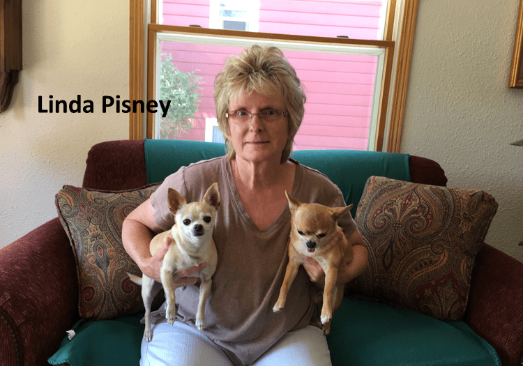 Linda pinesey holds two chihuahuas on a couch.