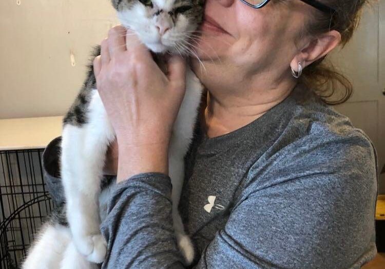 A woman is holding a cat in her arms.