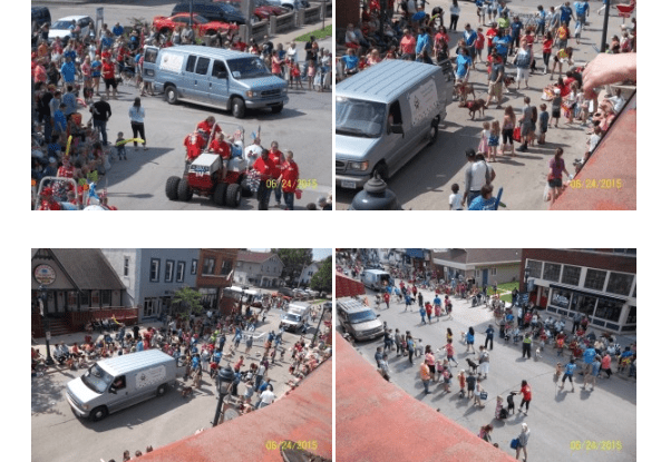 Four pictures of a crowd of people on a street.